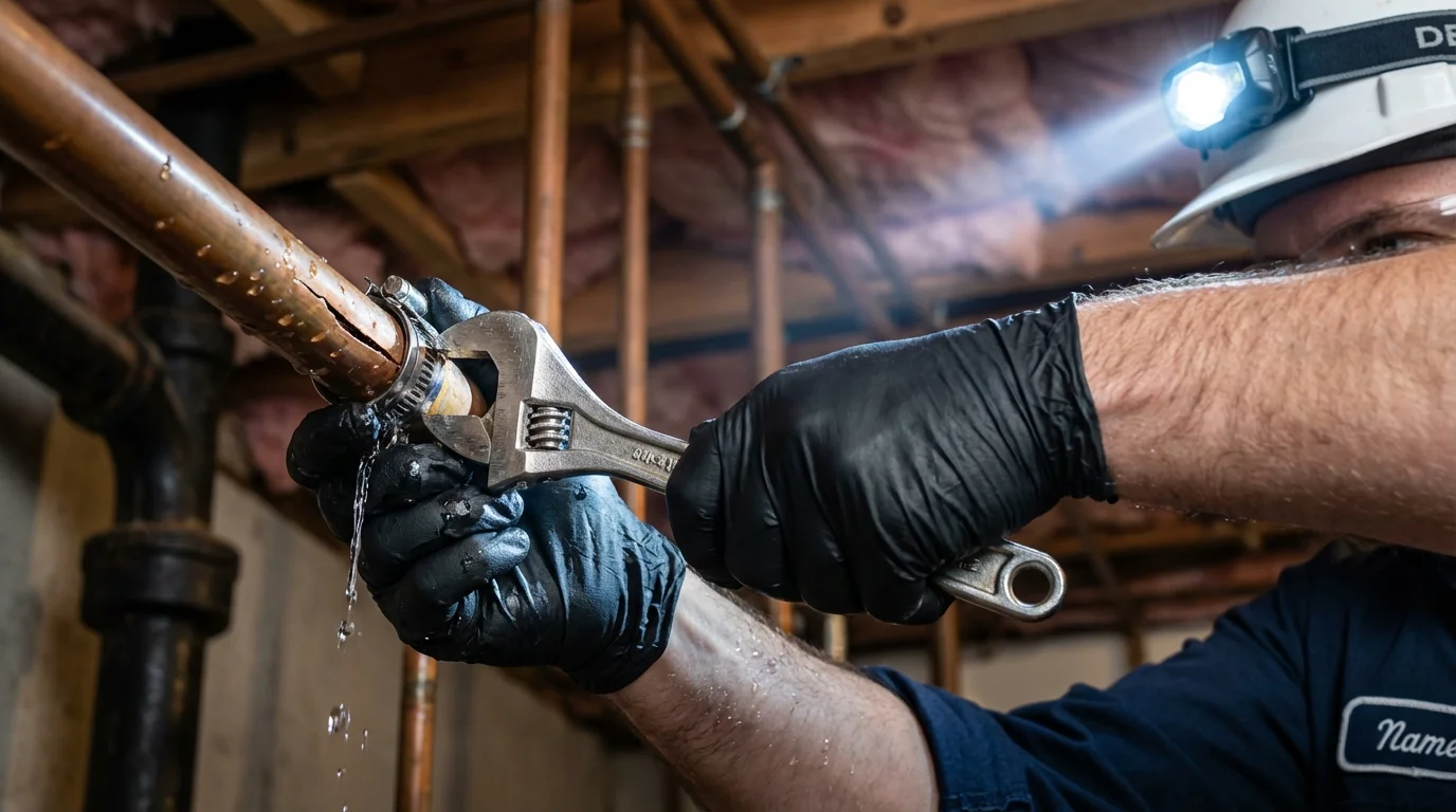 Emergency pipe clamp repair being performed by a Johns Plumbing LLC plumber in Harper